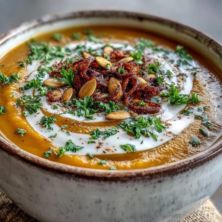 Warm, velvety butternut squash soup served with a side of crusty bread, perfect for a cozy winter meal.