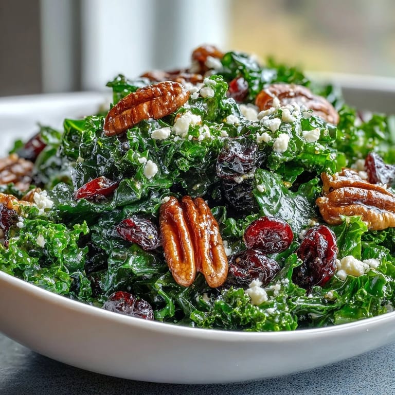 Close-up of a Warm Kale Salad with Maple Mustard Dressing, featuring tender kale, cranberries, and feta on a rustic platter.