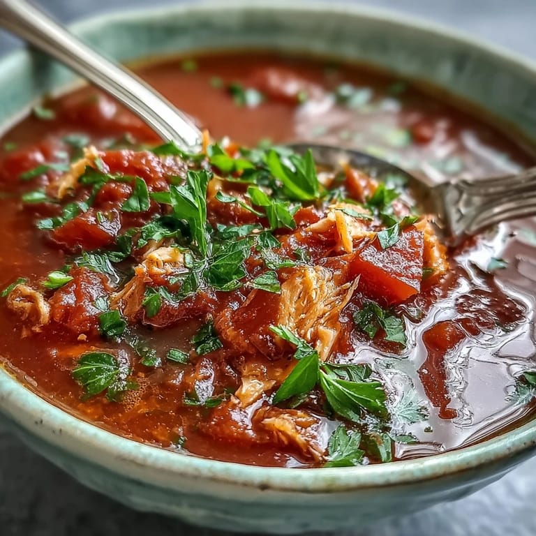 Italian-inspired Tuna and Tomato Soup in a rustic bowl, topped with fresh basil and a drizzle of olive oil.