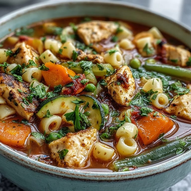 A close view of Pasta Soup With Chicken and Vegetables shows hearty chunks of chicken, carrots, zucchini, and peas mingling in a warm, fragrant broth perfect for family dinners.