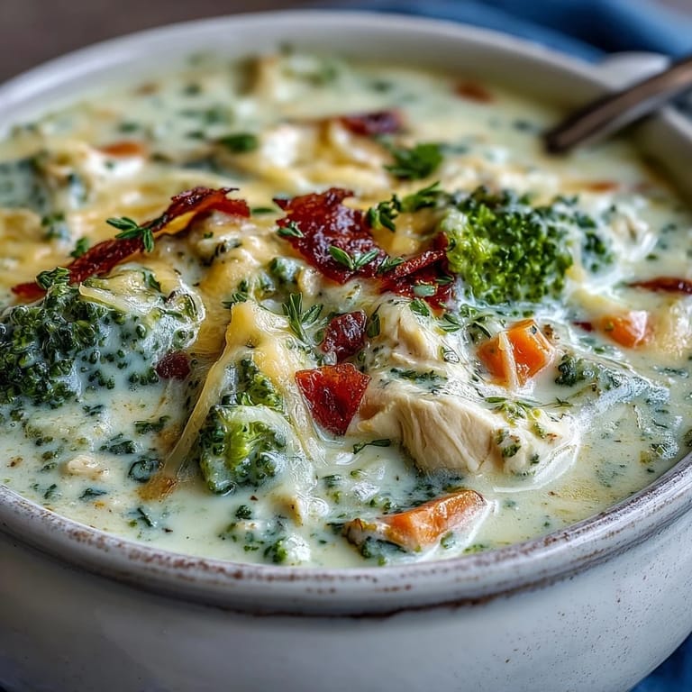 Comforting Best Chicken Broccoli Cheddar Soup served in a dark bowl with crusty bread on a wooden table.