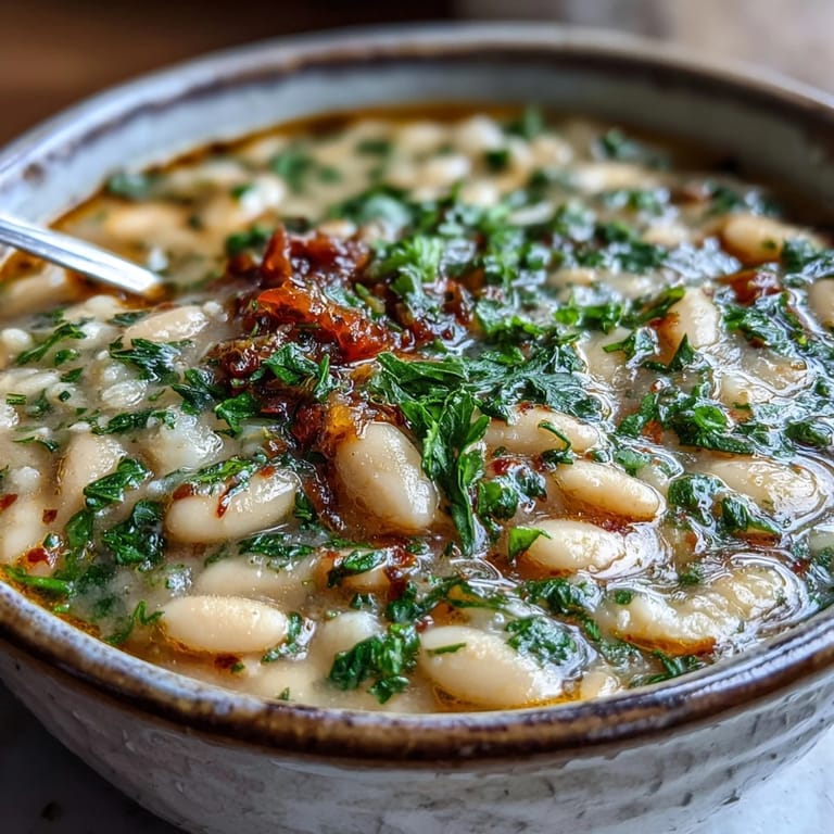 Velvety White Bean Soup with Tomato in a white bowl, garnished with fresh basil and a drizzle of olive oil.