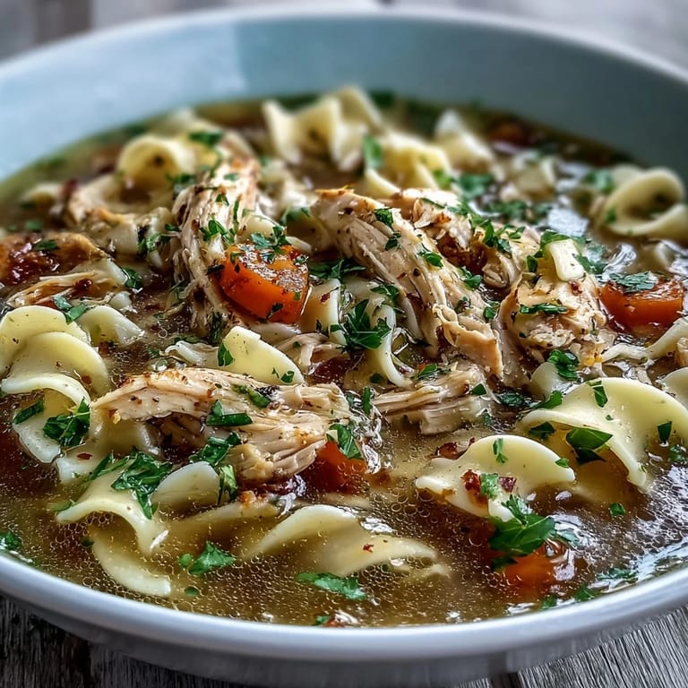 Close-up view of ladle pouring rich Chicken and Noodle Soup into a bowl, showcasing succulent chicken pieces, hearty vegetables, and silky egg noodles.