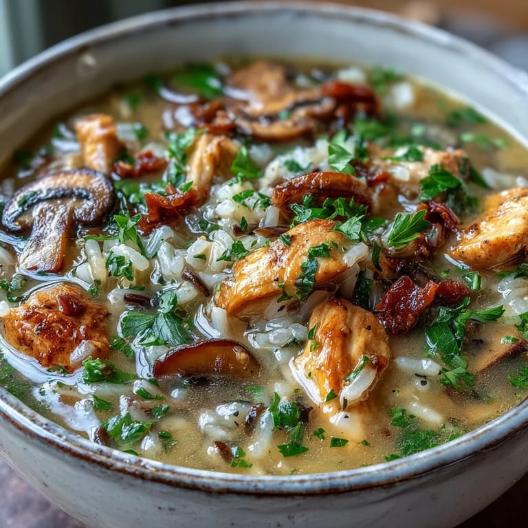 Hearty Parmesan Mushroom Chicken and Wild Rice Soup in a rustic mug beside crusty bread for dipping.