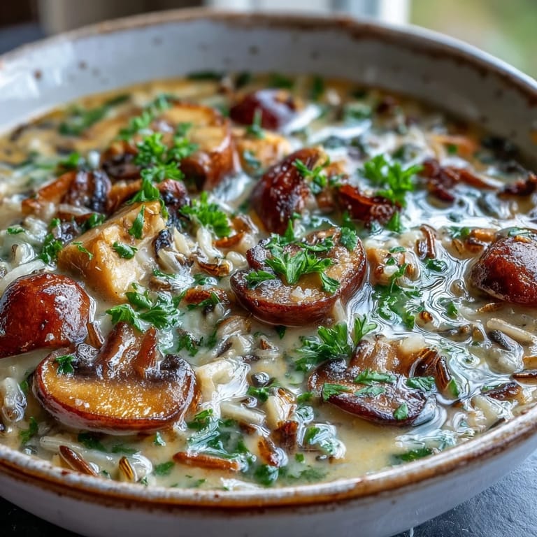 Creamy Parmesan Mushroom Chicken and Wild Rice Soup with tender chicken, mushrooms, and wild rice in a ladle.