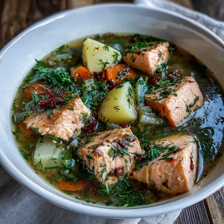 Close-up of Finnish Salmon Soup highlighting flaky salmon and soft potatoes, with a swirl of cream and fresh dill.