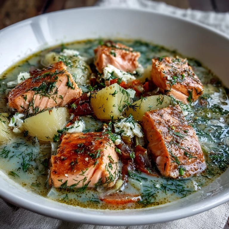 A bowl of Finnish Salmon Soup garnished with dill, featuring salmon and potatoes in a creamy white broth.