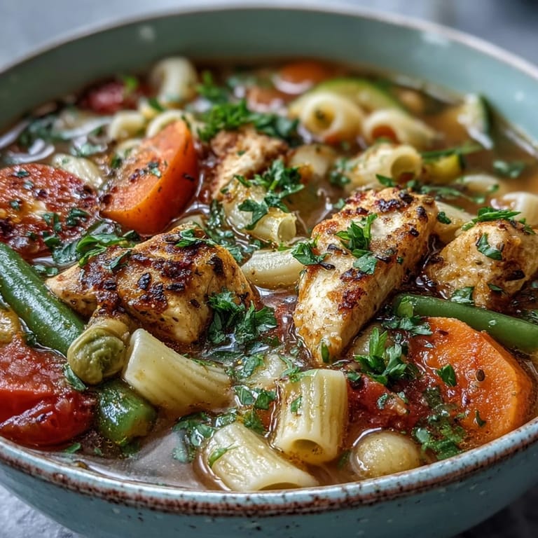 Bright, rustic serving of Pasta Soup With Chicken and Vegetables highlights garden-fresh veggies, juicy chicken, and pasta shapes, ready to enjoy with a sprinkle of parsley on top.