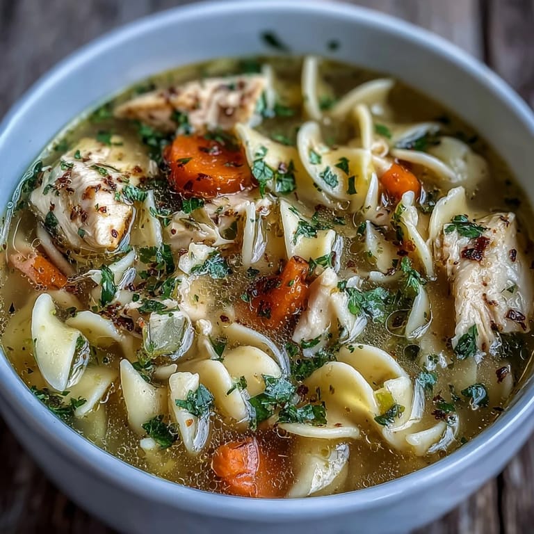 Close-up view of a ladle serving hot chicken noodle soup, showing steam rising from the golden broth and fresh parsley garnish.  