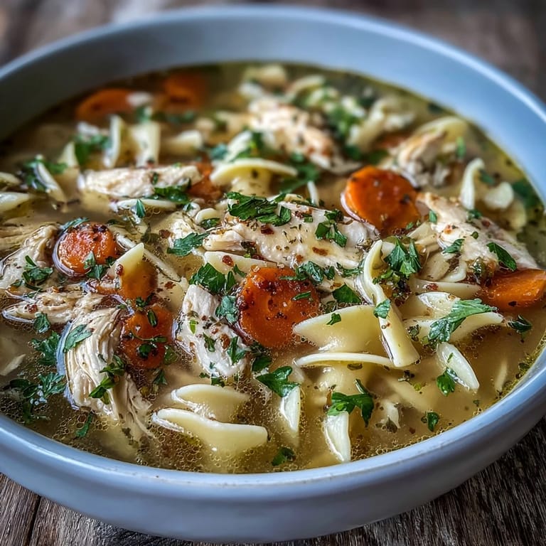 Rustic kitchen table featuring a ceramic bowl of chicken noodle soup, a crusty bread slice, and a napkin for a cozy meal.