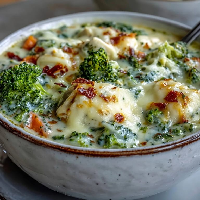 A rustic spoon dips into the thick Best Chicken Broccoli Cheddar Soup, topped with extra sharp cheddar and fresh herbs.  