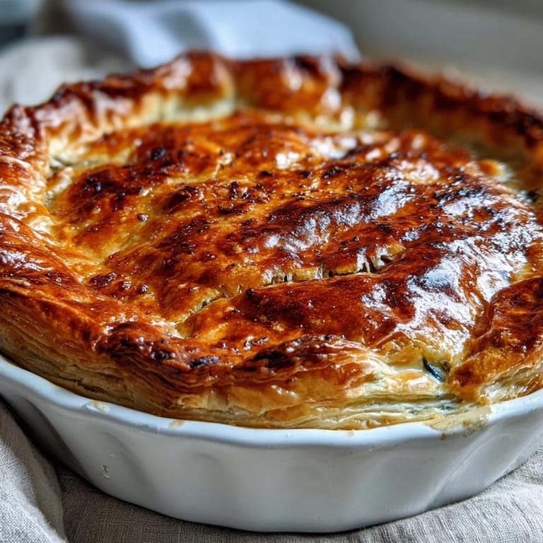 Hearty Chicken and Leek Pie with a bubbling creamy filling and crisp golden puff pastry topping.  