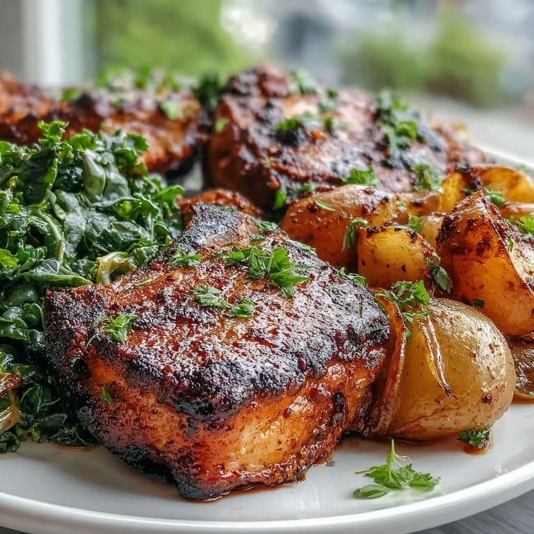 Sizzling bone-in Aleppo Pork Chops come out of the oven with crispy, seasoned potatoes and tender greens.