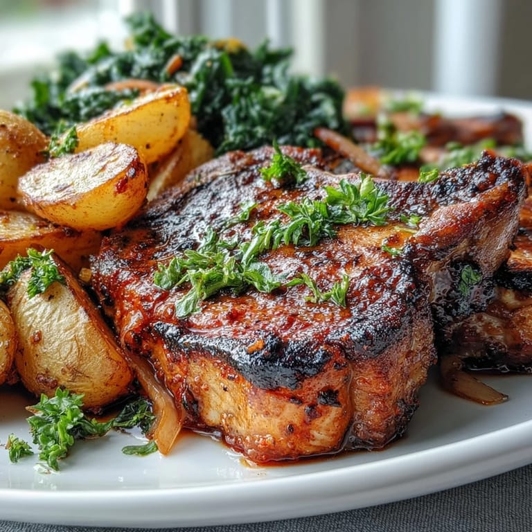A close-up shot highlights the spice-crusted Aleppo Pork Chops served with roasted potatoes and bright lemony greens.