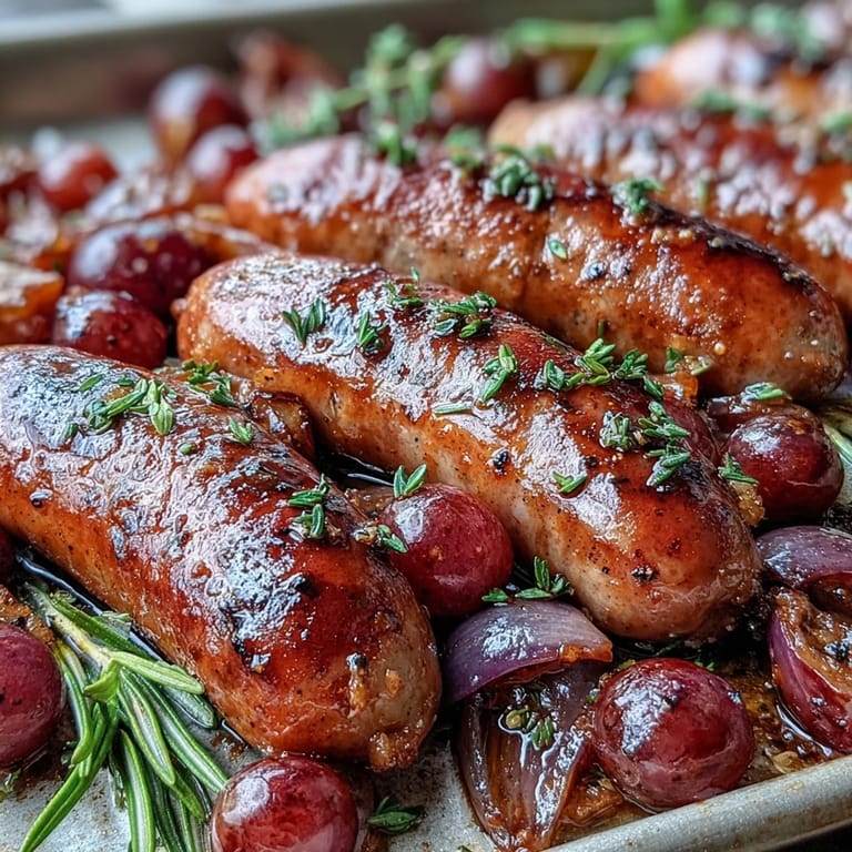 Golden brown roasted sausage and grapes served hot with crusty bread for soaking up the savory juices.