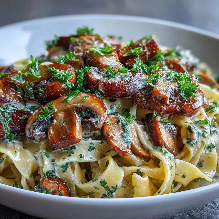 A skillet of Creamy Mushroom Stroganoff garnished with fresh parsley, served as a cozy main dish.