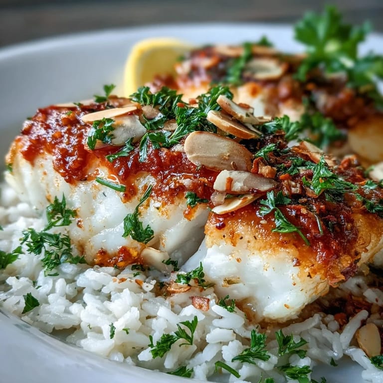 Tender Tomato-Roasted Cod glazed in zesty tomato sauce, finished with toasted spiced almonds and parsley on aromatic ginger rice.