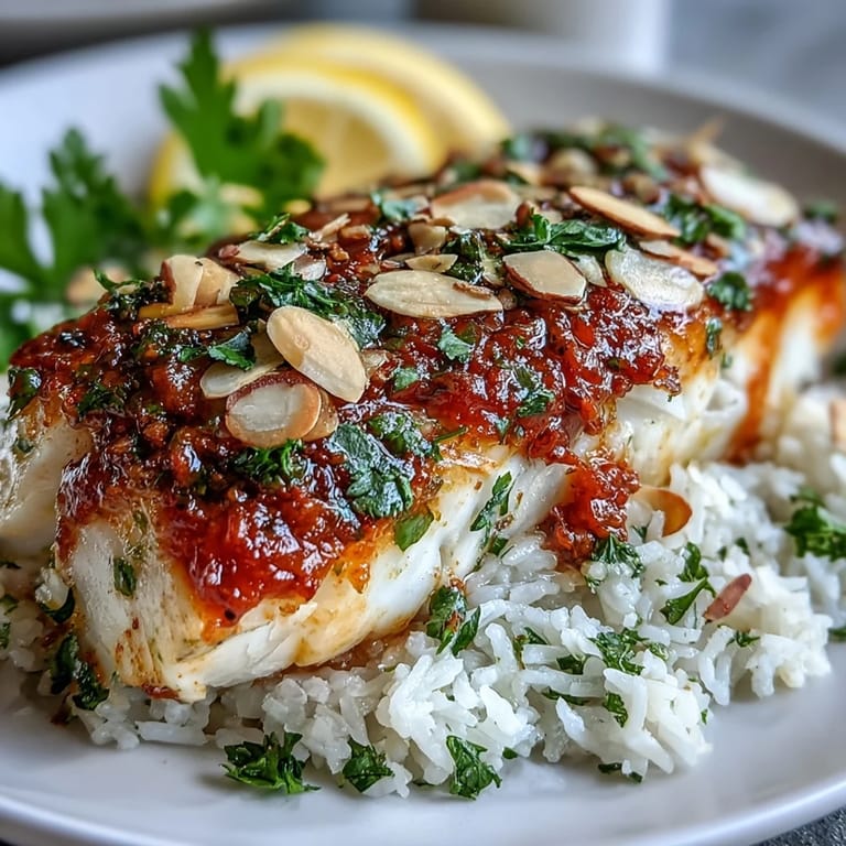 Bright tomato-roasted cod with crunchy spiced almonds, served over fluffy ginger rice with lemon wedges for a fresh finish.