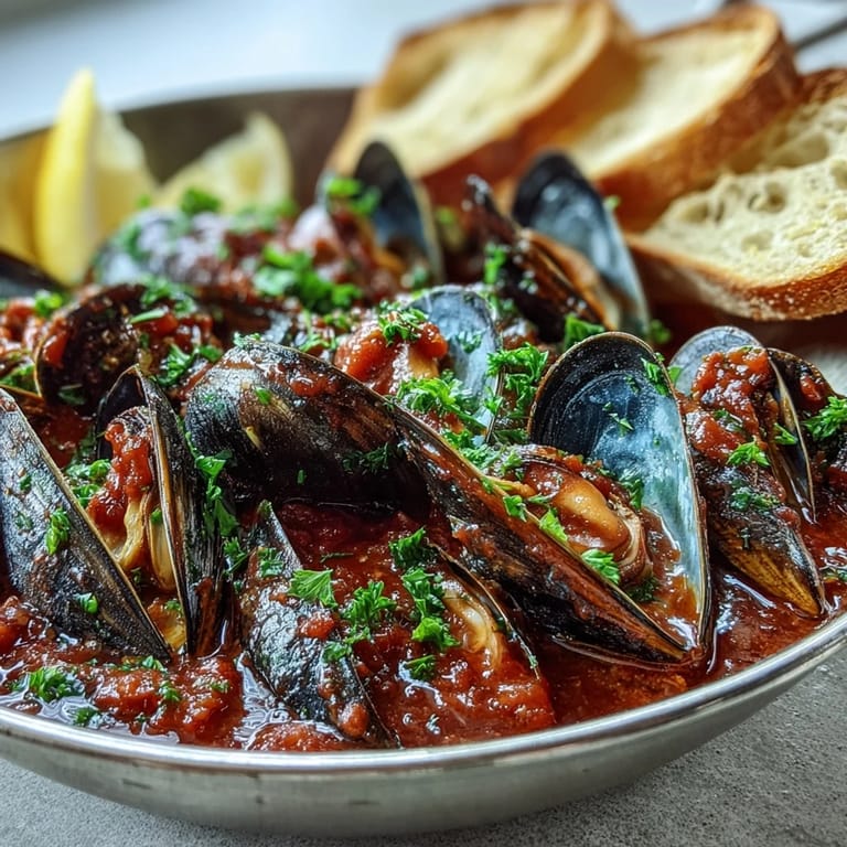 Freshly cooked Smoky Mussels Pomodoro garnished with parsley and lemon wedges on a rustic table.