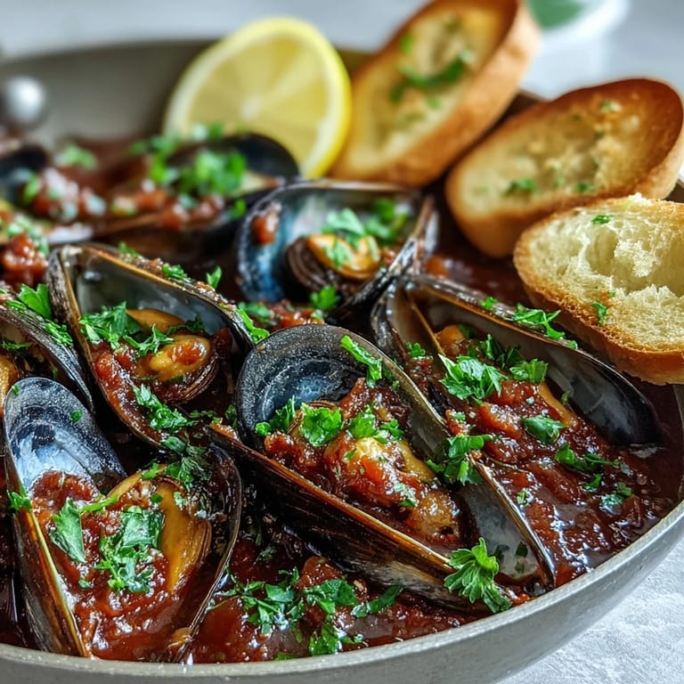 A skillet of Smoky Mussels Pomodoro simmering in a rich tomato and wine broth with garlic.