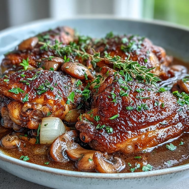 Golden-brown Coq au Vin Rosé chicken in a rich pink sauce, garnished with fresh parsley and aromatic thyme on a rustic plate.