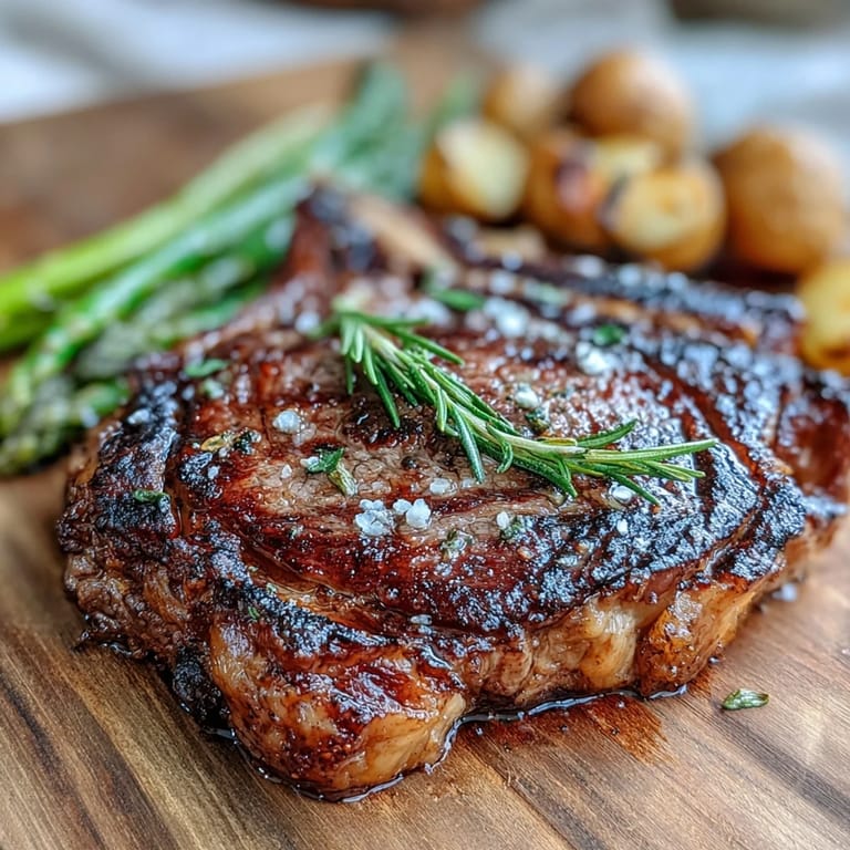 Grilled bone-in rib eye steak paired with parsley potatoes and lemon wedges for a classic American dinner.