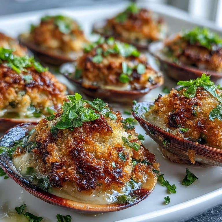 Tender roasted clams with lemony panko are plated for a party appetizer, with a crisp white wine poured alongside.