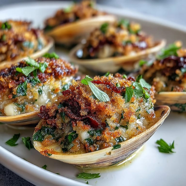 Golden, buttery Roasted Clams With Lemony Panko come straight from the oven, garnished with fresh parsley and lemon wedges.
