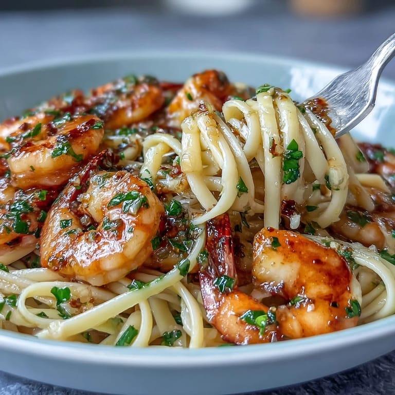 Sizzling Shrimp Scampi With Linguine served in a skillet, garnished with lemon wedges.