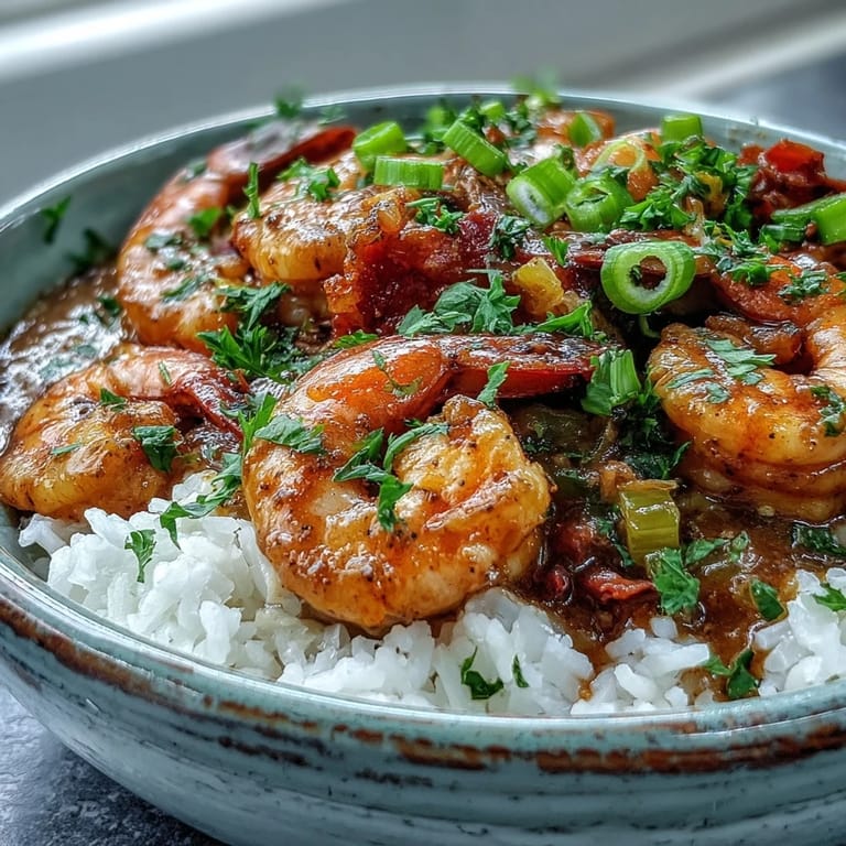 A rich, dark roux simmers with bell peppers and shrimp, creating the signature base of Classic New Orleans Étouffée.