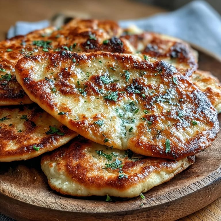 Homemade The Best Easy Garlic Naan breads stacked on a rustic plate, ready to be torn apart and enjoyed.