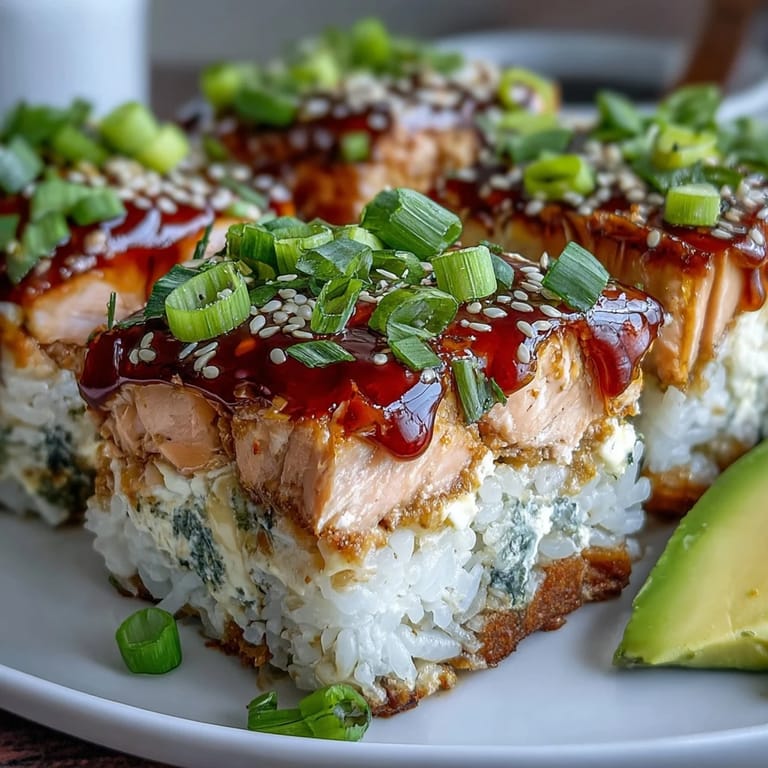 Layers of seasoned rice and spicy salmon mixture create a vibrant, colorful Spicy Salmon Sushi Bake in a baking dish.