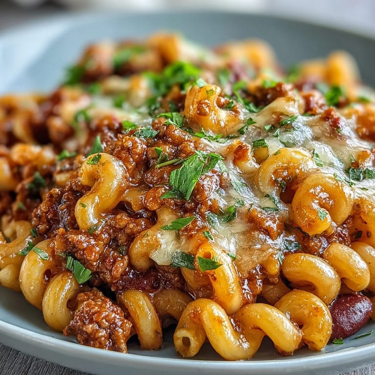 Close-up of One-Pan High Protein Chili Mac showing gooey cheese and beans, with fresh cilantro garnish for a hearty weeknight dinner.