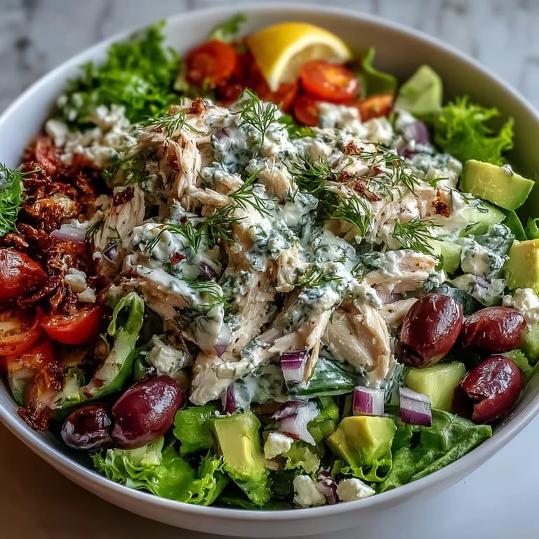 A refreshing close-up of Tzatziki Chicken Salad with diced red onion, olives, and creamy Greek yogurt dressing, ready to be scooped onto lettuce cups.
