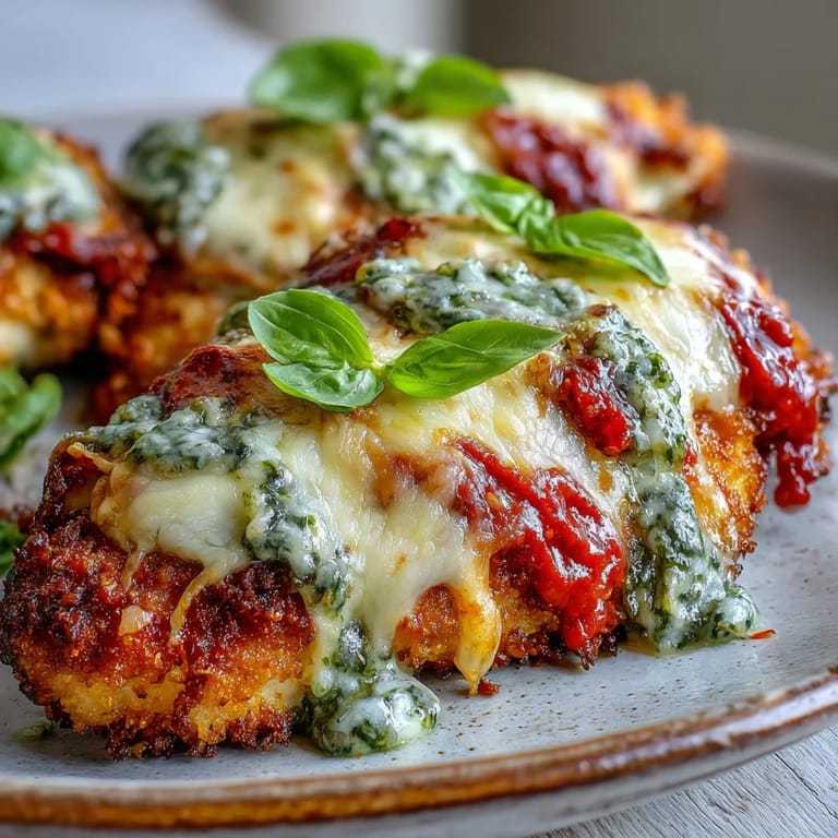 Pesto Chicken Parmesan fresh from the oven, finished with torn basil and served over spaghetti for a family-style dinner.