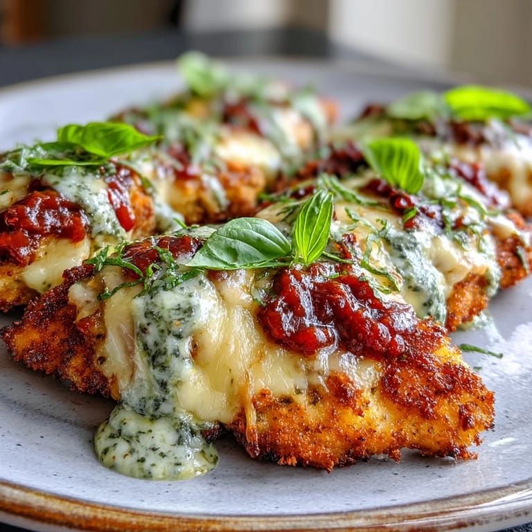 Juicy, homemade Pesto Chicken Parmesan with melty mozzarella and Parmesan, paired with garlic bread and a green salad.