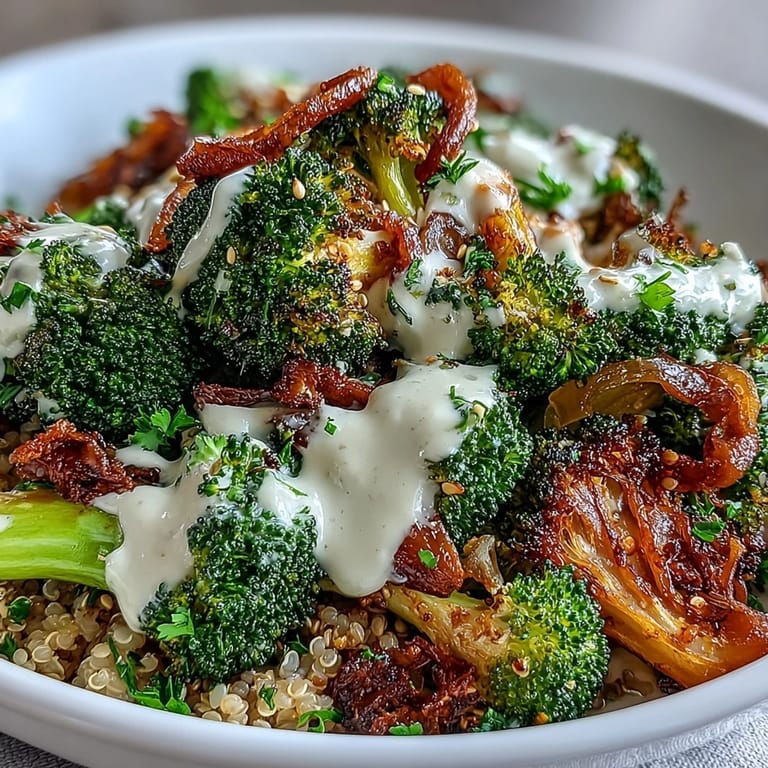 Golden crispy roasted broccoli florets and red onions on a bed of warm quinoa, finished with a drizzle of lemon tahini dressing.