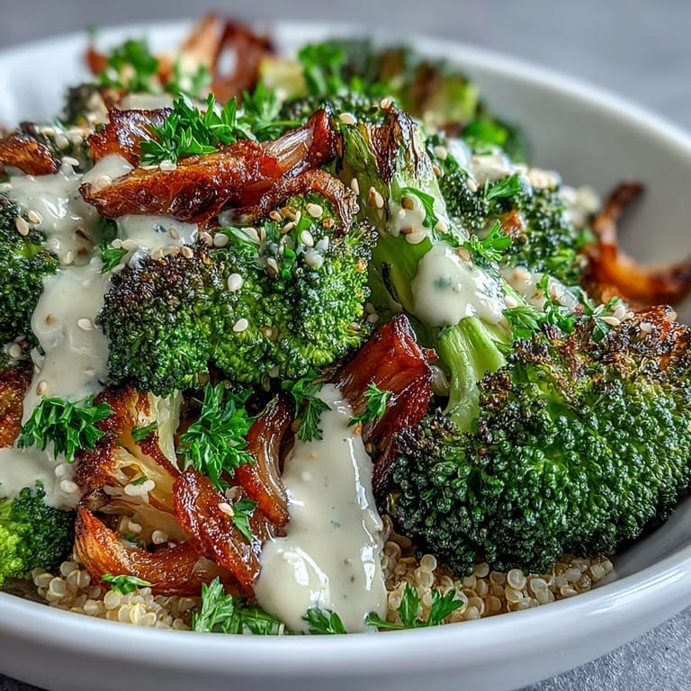 Healthy vegan Roasted Broccoli Bowl garnished with sesame seeds and avocado, perfect for a nutritious Mediterranean-inspired dinner or lunch.
