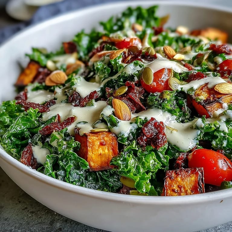 Healthy vegan Kale Salad Bowl served in a ceramic bowl with bright cherry tomatoes, hearty roasted sweet potato, and a generous swirl of tahini sauce.