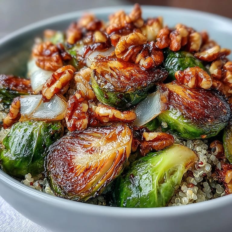 Warm Roasted Brussels Sprouts Bowl featuring golden sprouts and red onions over grains with balsamic dressing.