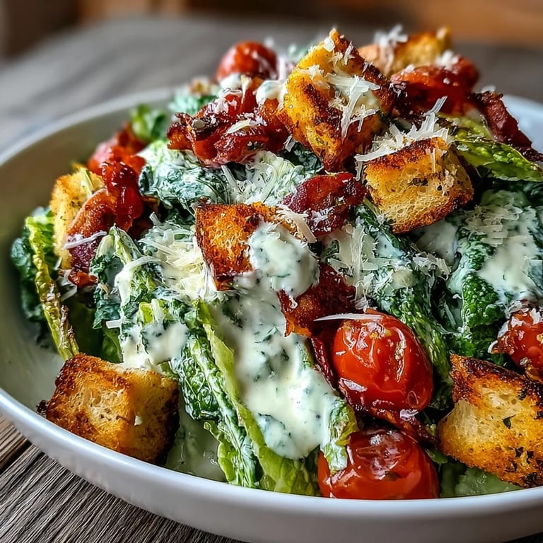 Tossed Romaine Caesar Bowl topped with shaved Parmesan and grilled chicken on a white ceramic plate.