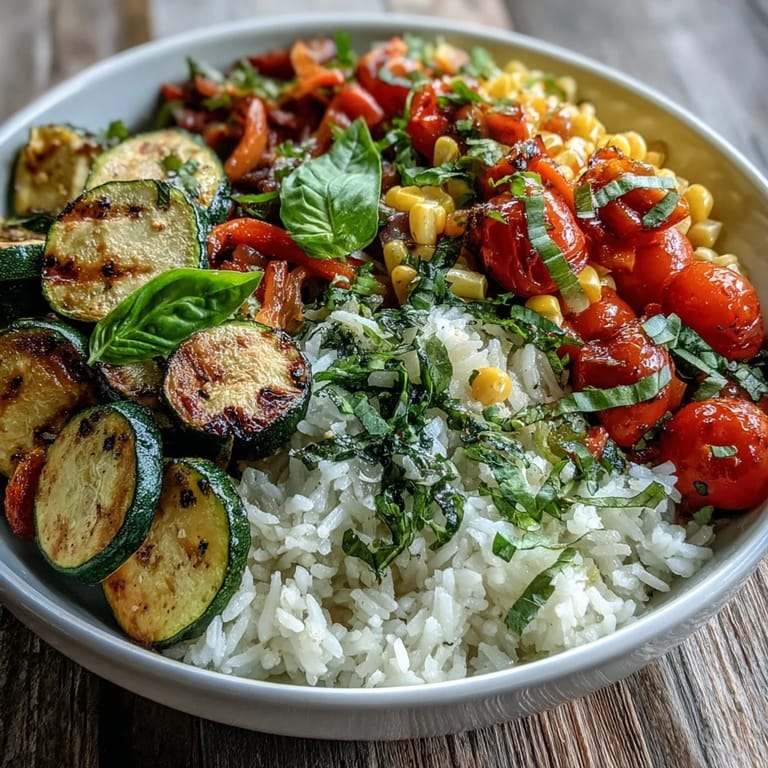 Colorful Summer Vegetable Bowl with red and yellow bell peppers, tender veggies, and fresh basil served warm over rice.