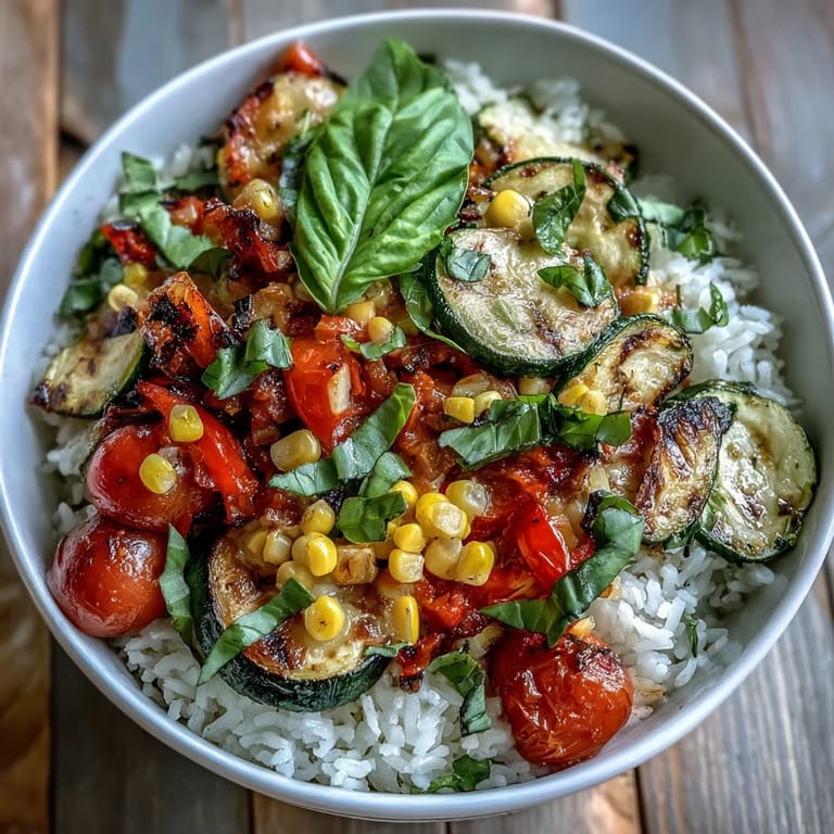 Vibrant Summer Vegetable Bowl with juicy tomatoes, corn, and zucchini over rice, garnished with basil and ready to enjoy.