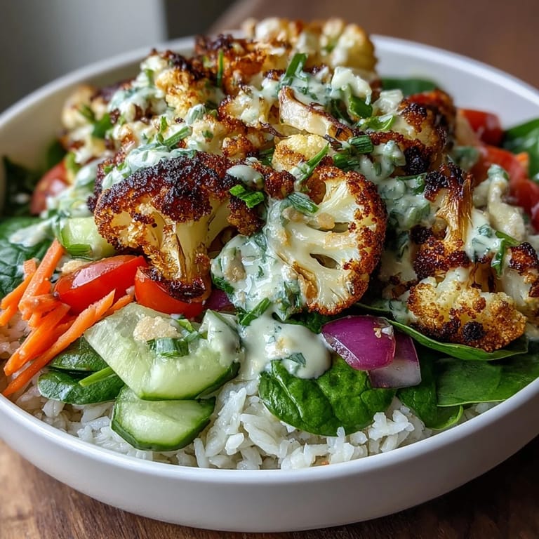 Colorful roasted cauliflower bowl with cherry tomatoes, cucumbers, shredded carrots, and zesty drizzle.