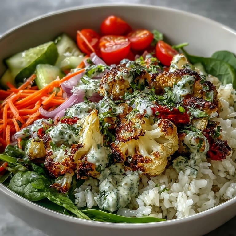 Savory roasted cauliflower bowl garnished with tangy tahini sauce and red onion, served for dinner.