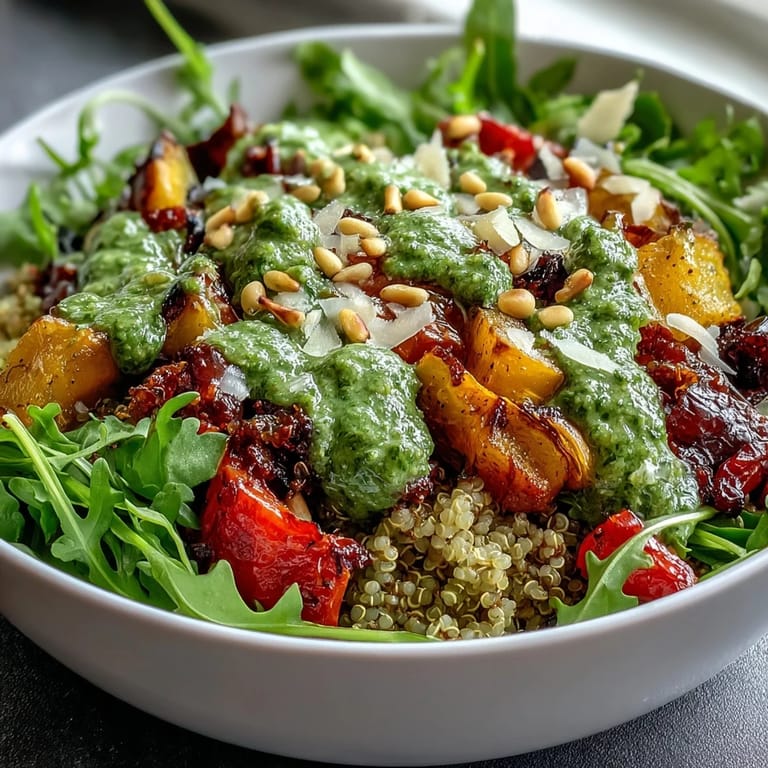Zesty Arugula Pesto Bowl drizzled over roasted zucchini and red peppers, garnished with toasted pine nuts.