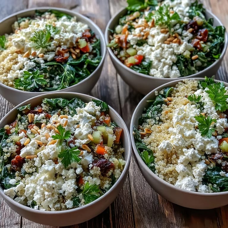 Healthy Mediterranean Spinach and Feta Grain Bowl topped with toasted pine nuts and a zesty dressing, served in a white ceramic bowl.