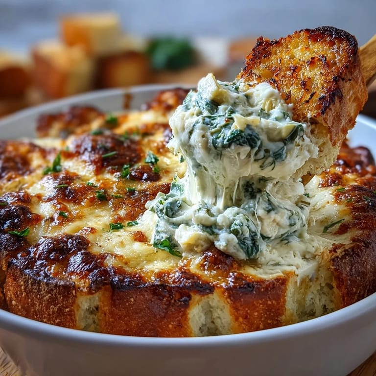 Holiday spinach artichoke dip in a bread bowl, bubbling with cheese and served with toasted sourdough pieces for a festive appetizer.
