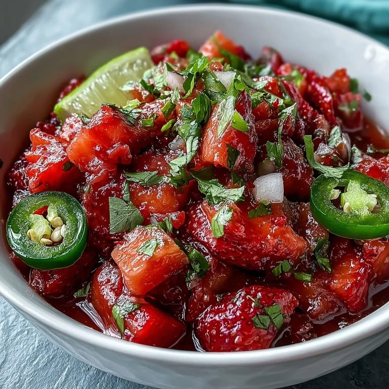 Colorful strawberry salsa with jalapeño, cilantro, and lime, served with crispy tortilla chips for dipping.  