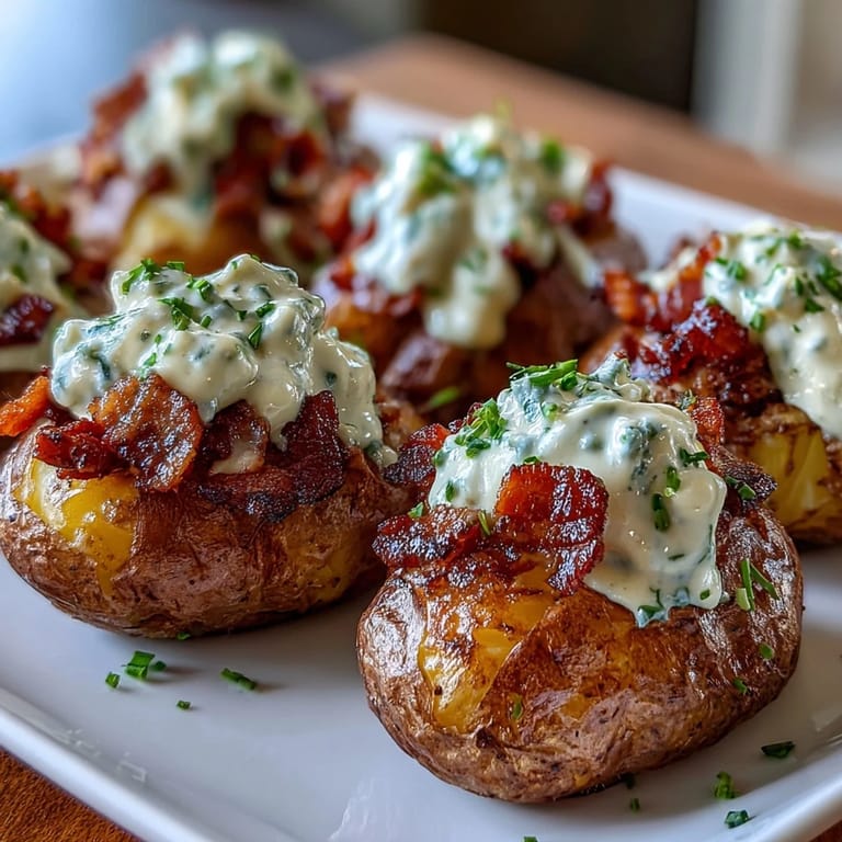 Hearty loaded baked potato salad featuring tender roasted potatoes, crispy bacon, and tangy BBQ sauce, perfect for parties.  